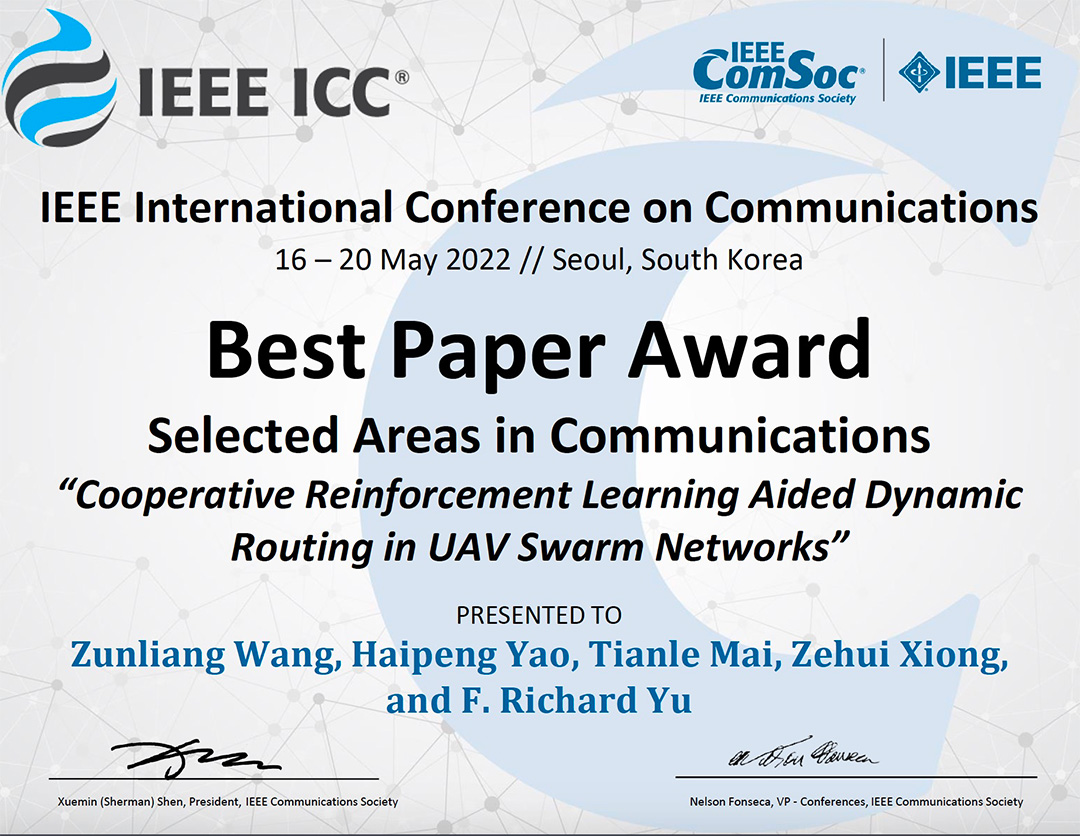 Best Paper Award Certificate awarded to Assistant Professor Zehui Xiong