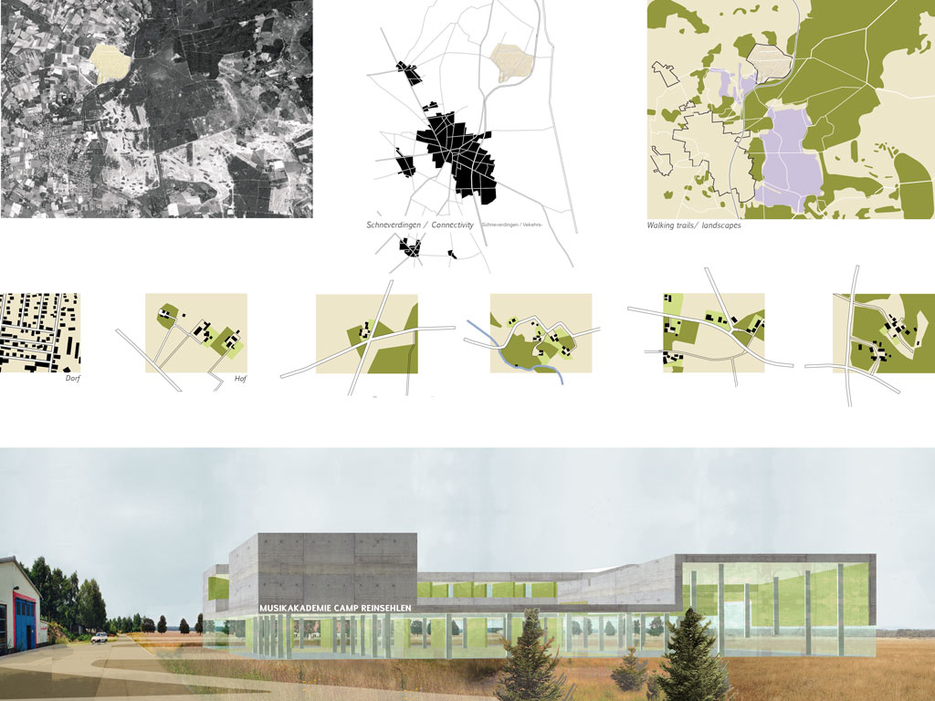 CAMP REINSEHLEN Proposals for a sustainable utilization and conversion of a former British military tank training area were to be developed The complex was conceived as building typology - similar a farms embedding within landscape 7 Complexes find their identity by directly connecting to specific contexts forest alley crossing width  row clearing and slope With its distinct