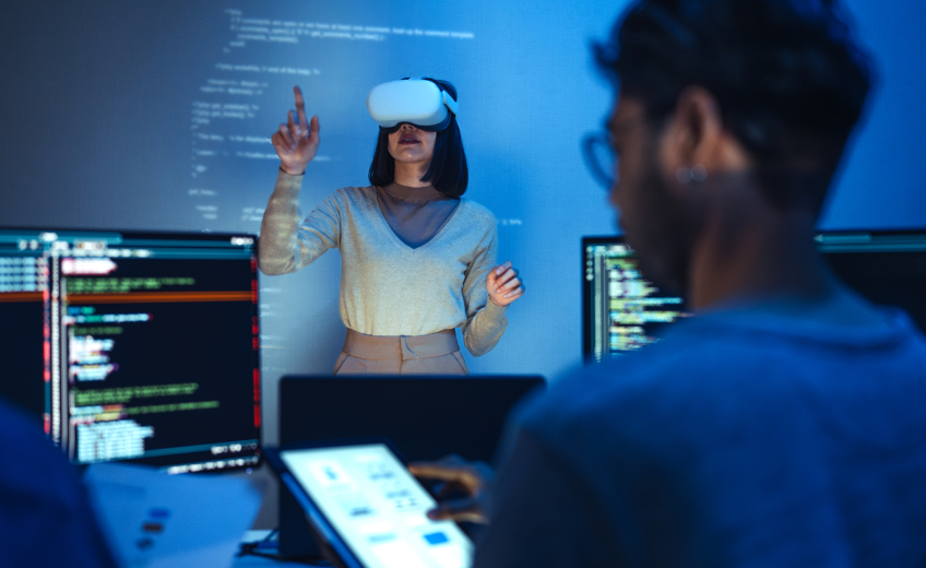 Lady using VR headset with image projection