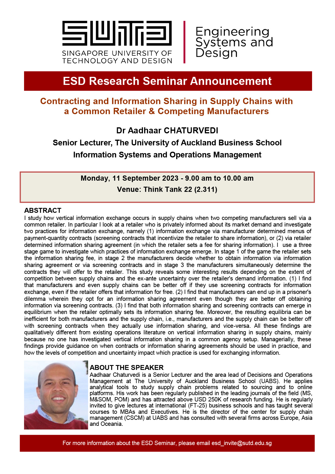 Aadhaar Chaturvedi The University of Auckland Business School - Contracting and Information Sharing in Supply Chains with a Common Retailer amp Competing Manufacturers