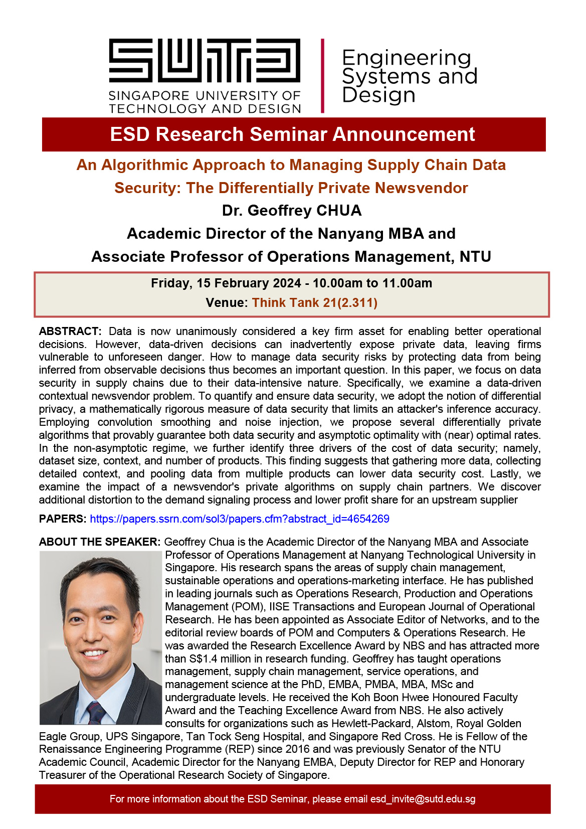 Geoffrey Chua Nanyang Technological University - An Algorithmic Approach to Managing Supply Chain Data Security The Differentially Private Newsvendor