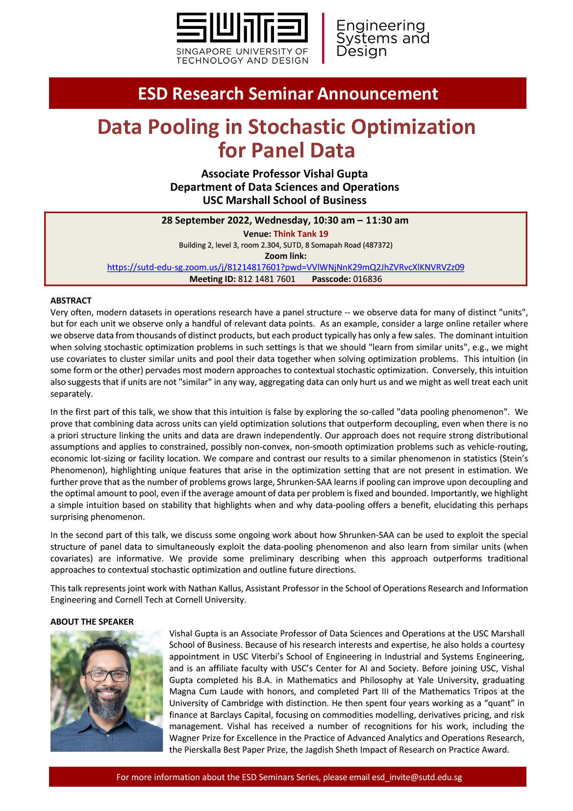 Vishal Gupta USC Marshall School of Business - Data Pooling in Stochastic Optimization for Panel Data