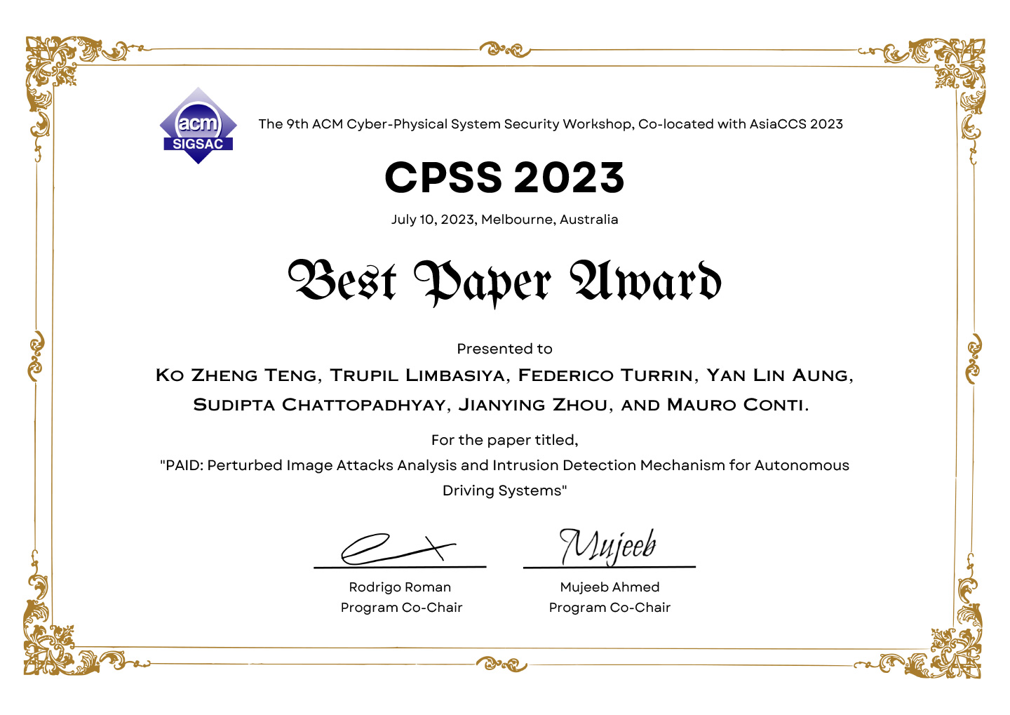 Congratulations to Professor Zhou Jianying and Assistant Professor Sudipta Chattopadhyay for ACM CPSS 2023 Best Paper Award