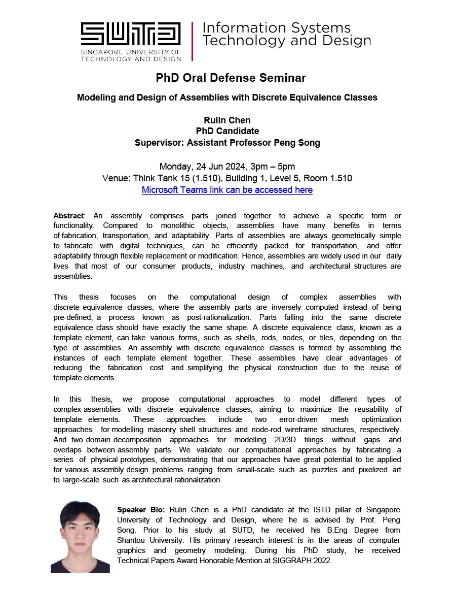 ISTD PhD Oral Defense presented by Rulin Chen  Modeling and Design of Assemblies with Discrete Equivalence Classes