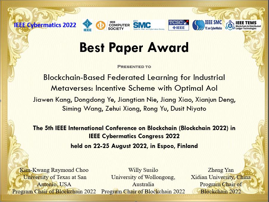 Congratulations to Assistant Professor Zehui Xiong in winning the IEEE Blockchain 2022 Best Paper Award