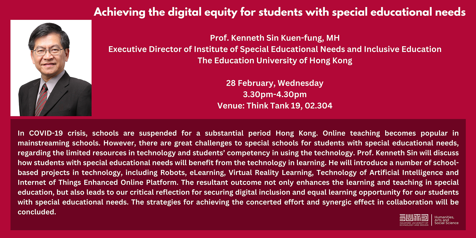 HASS Colloquium Series: Achieving the digital equity for students with special educational needs by Dr. Sin Kuen Fung Kenneth