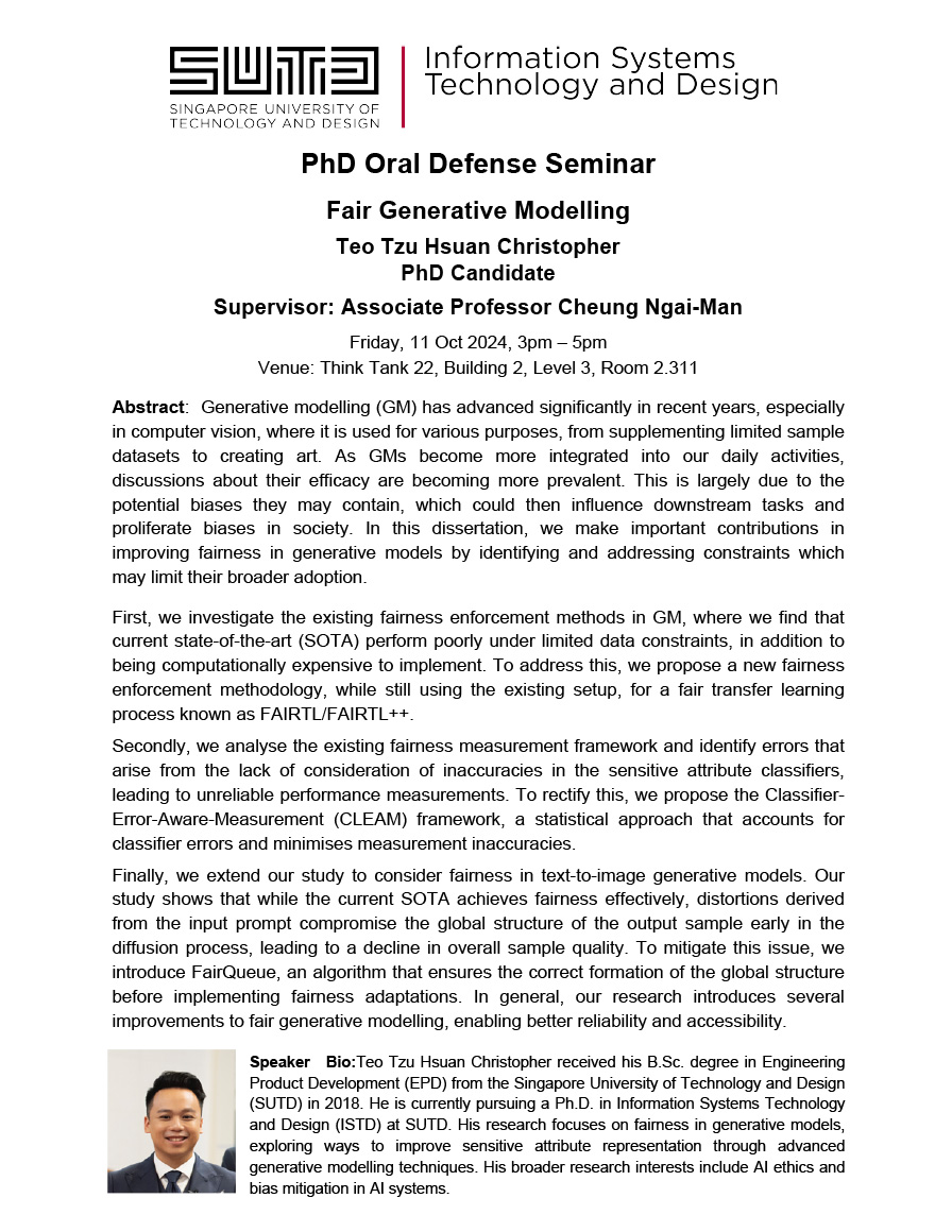 ISTD PhD Oral Defense Seminar by Teo Tzu Hsuan Christopher  Fair Generative Modelling