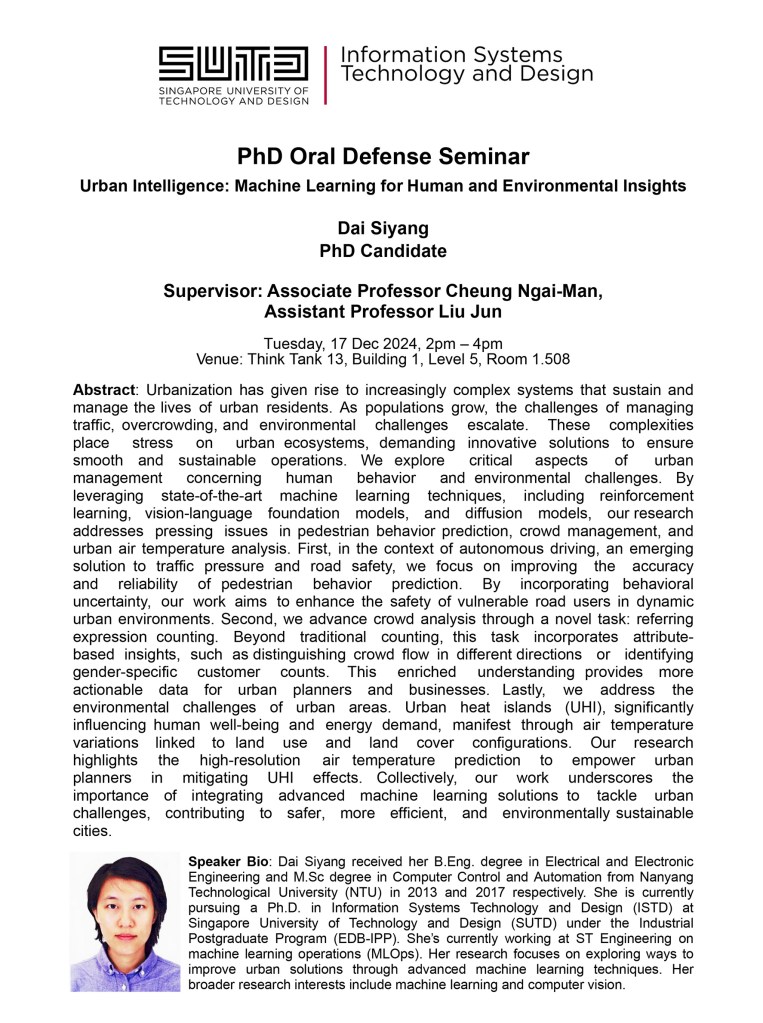 ISTD PhD Oral Defense Seminar by Dai Siyang - Urban Intelligence: Machine Learning for Human and Environmental