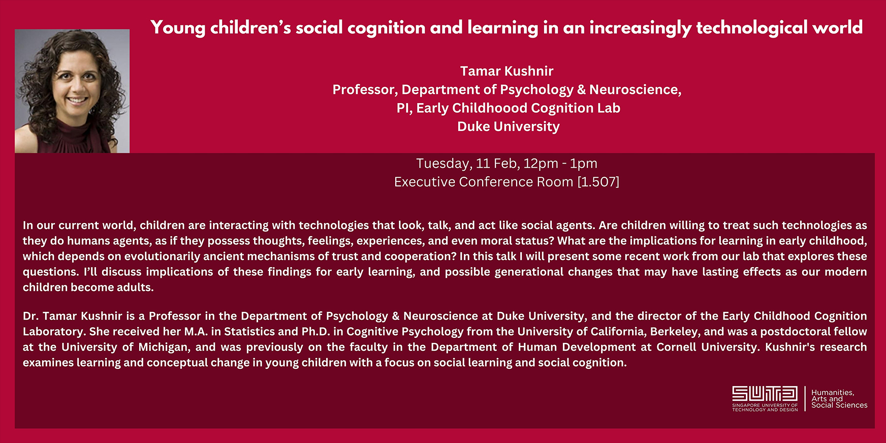 HASS Talk by Dr Tamar Kushnir - Young childrens social cognition and learning in an increasingly technological world