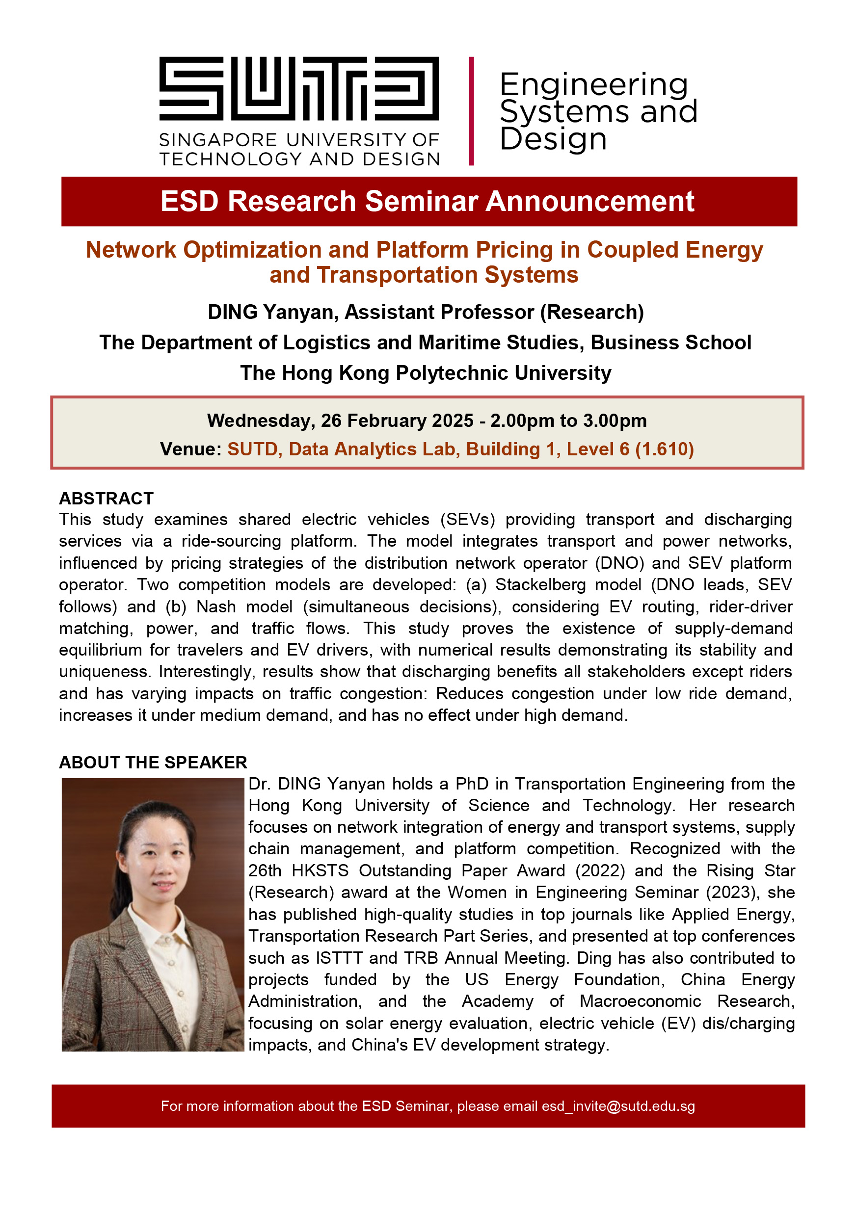 ESD Research Seminar by Ding Yanyan - Network optimization and platform pricing in coupled energy and transportation systems